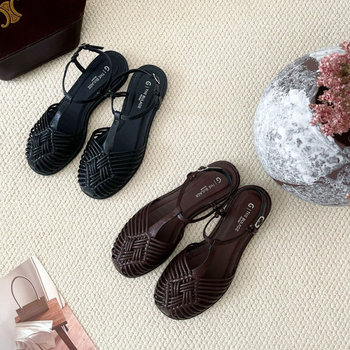 Sandale cu capac pentru degete, stil coreean, închidere cu cataramă, vârf rotund, partea superioară din fibră superioară, talpă TPR