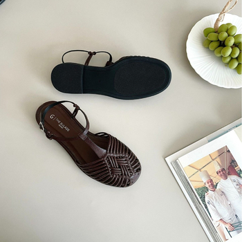 Sandale cu capac pentru degete, stil coreean, închidere cu cataramă, vârf rotund, partea superioară din fibră superioară, talpă TPR