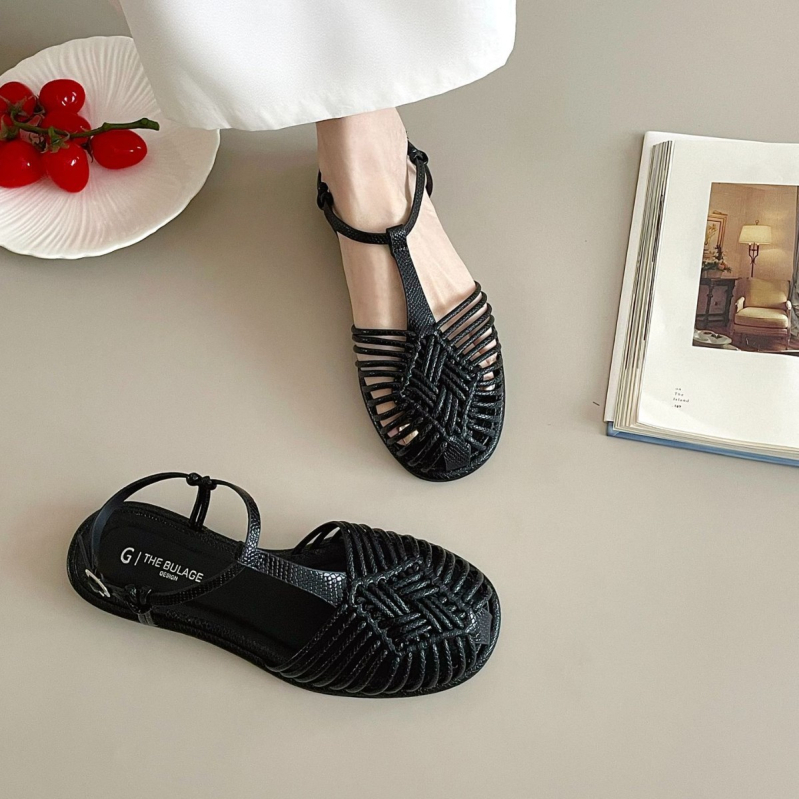 Sandale cu capac pentru degete, stil coreean, închidere cu cataramă, vârf rotund, partea superioară din fibră superioară, talpă TPR