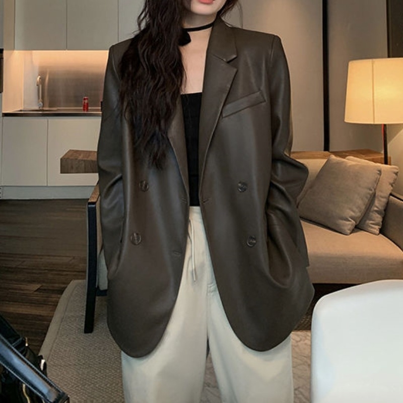 Jachetă din piele PU pentru femei, aspect de designer, croială lejeră în stil urban, model 3D, guler de sacou, închidere cu două nasturi, stil coreean, primăvara 2025