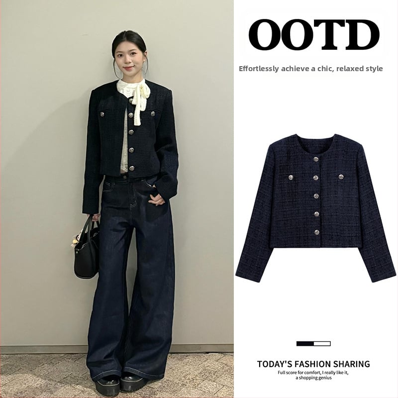 Дамско палто в стил Chanel, полиестер, свободна кройка, кръгла яка, едно копче, есенно-зимно 2025