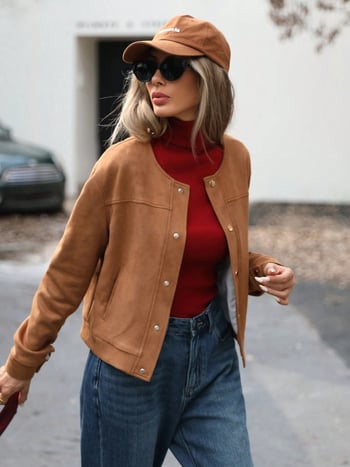 Дамско палто от замша — уличен стил, кръгло деколте, дълги ръкави