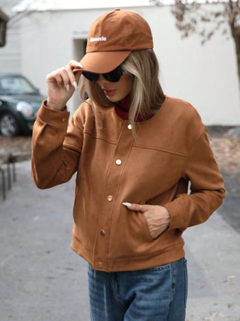 Дамско палто от замша — уличен стил, кръгло деколте, дълги ръкави