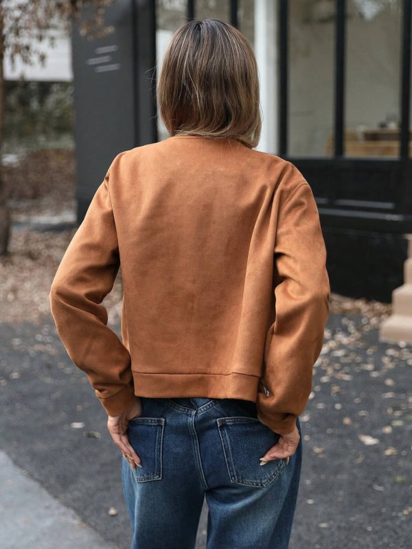 Дамско палто от замша — уличен стил, кръгло деколте, дълги ръкави