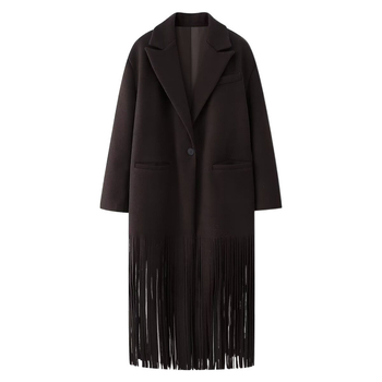 Дълъг дамски блейзър с ресни, едноцветен, памучна тъкан (80–90% памук), дълги ръкави, street fashionista стил