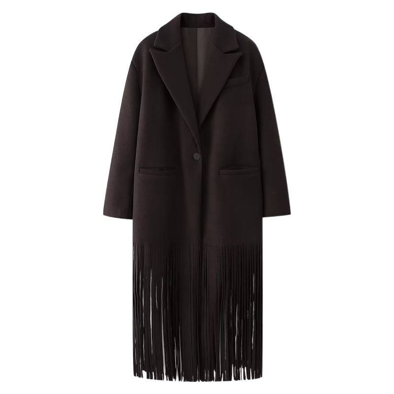 Дълъг дамски блейзър с ресни, едноцветен, памучна тъкан (80–90% памук), дълги ръкави, street fashionista стил