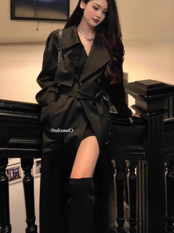 Женско тренч палто със средна дължина, полиестер, 3D ефект, двойно закопчаване, британски стил, есен 2025