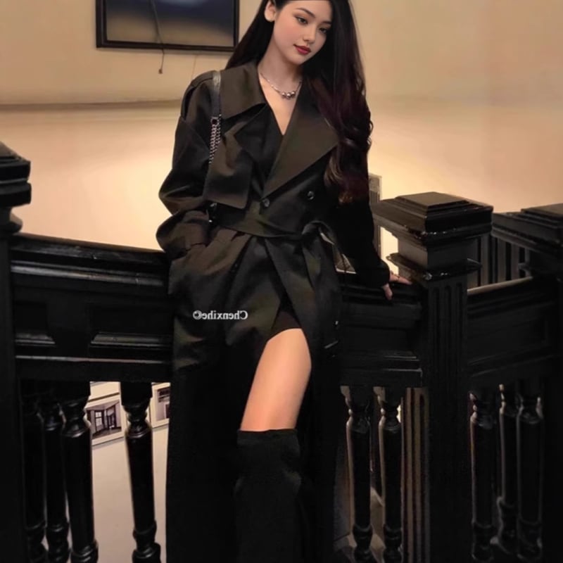 Женско тренч палто със средна дължина, полиестер, 3D ефект, двойно закопчаване, британски стил, есен 2025