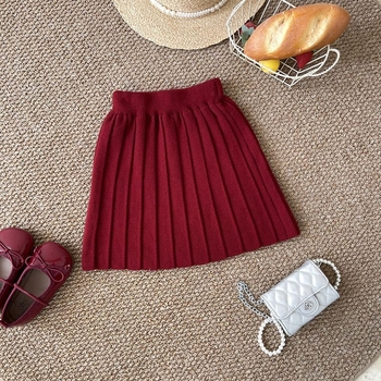 Момичешка плетена пола с плисирана, А-линия за есенно-зимен сезон, еднотонна материя, 80–90% памук, за новородени 0–12 месеца