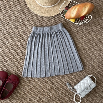 Момичешка плетена пола с плисирана, А-линия за есенно-зимен сезон, еднотонна материя, 80–90% памук, за новородени 0–12 месеца