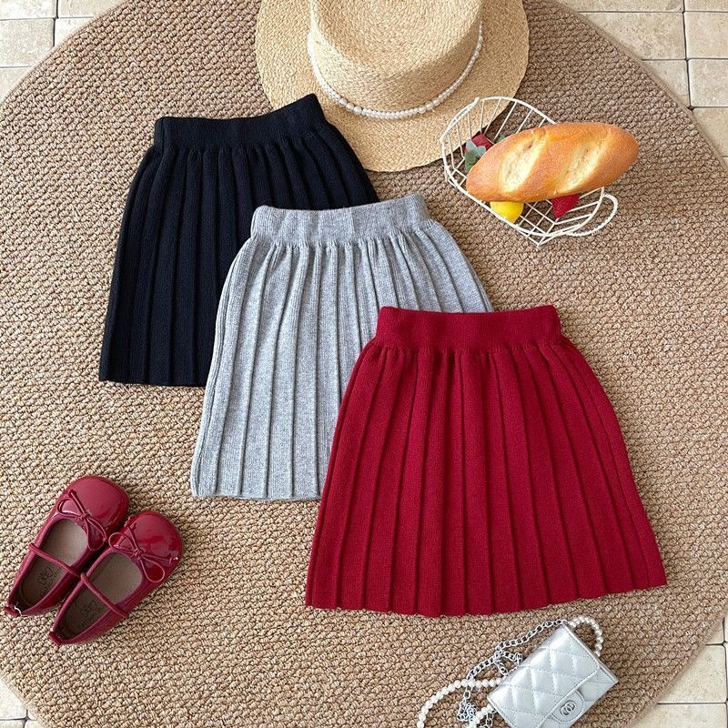 Момичешка плетена пола с плисирана, А-линия за есенно-зимен сезон, еднотонна материя, 80–90% памук, за новородени 0–12 месеца