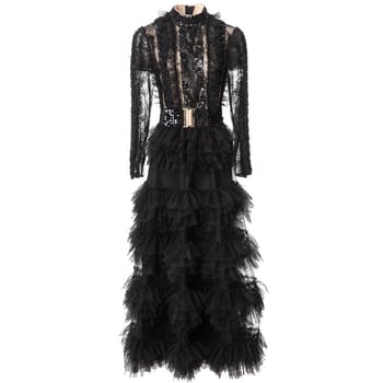 Rochie lungă de prințesă cu guler înalt, paiete cusute manual, croială patchwork – primăvara 2025