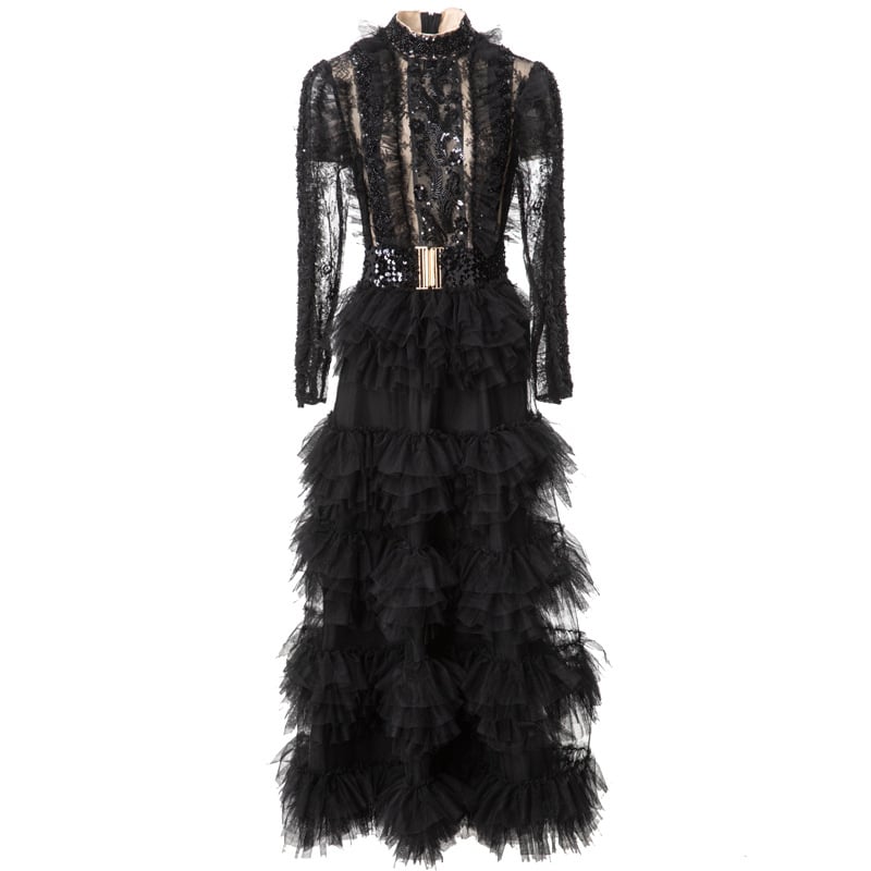 Rochie lungă de prințesă cu guler înalt, paiete cusute manual, croială patchwork – primăvara 2025