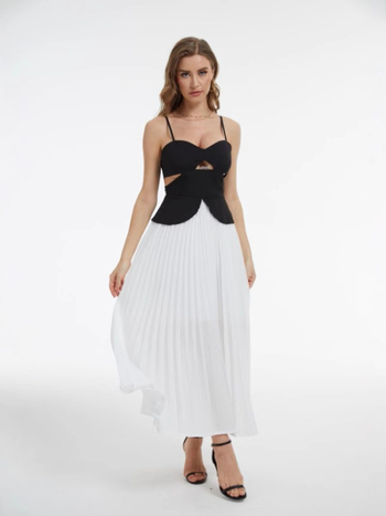 Rochie cu bretele în stil franțuzesc, lungă plisată, talie înaltă, poliester cu elastan