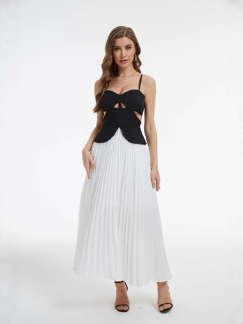 Rochie cu bretele în stil franțuzesc, lungă plisată, talie înaltă, poliester cu elastan