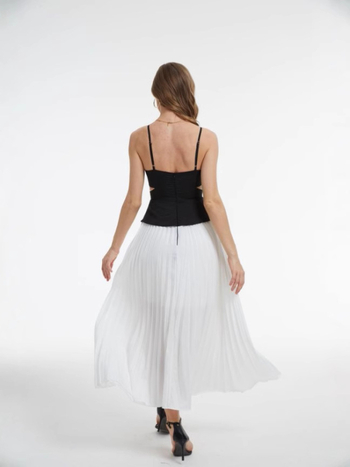 Rochie cu bretele în stil franțuzesc, lungă plisată, talie înaltă, poliester cu elastan