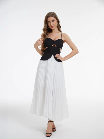 Rochie cu bretele în stil franțuzesc, lungă plisată, talie înaltă, poliester cu elastan