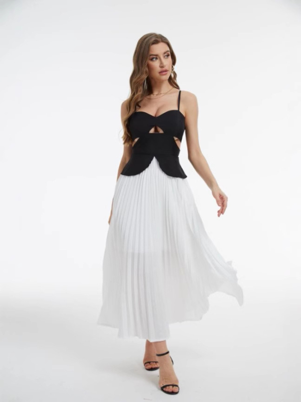 Rochie cu bretele în stil franțuzesc, lungă plisată, talie înaltă, poliester cu elastan