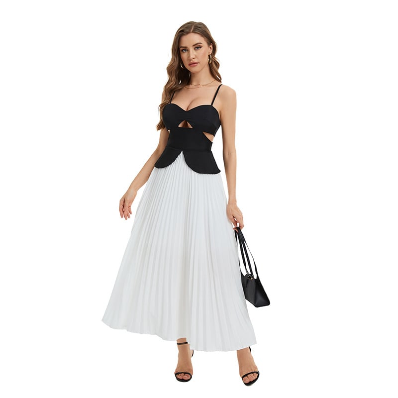 Rochie cu bretele în stil franțuzesc, lungă plisată, talie înaltă, poliester cu elastan