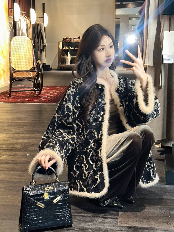 Leopard print Chenille quilted jacket, свободен силует, поло яка, дебело подплатено