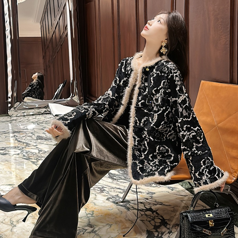 Leopard print Chenille quilted jacket, свободен силует, поло яка, дебело подплатено