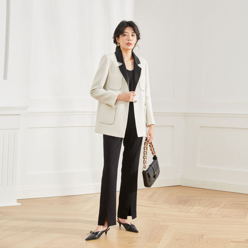 Палто от твид, смесено вълна и полиестер, солиден дизайн, костюмска яка, предно закопчаване с едно копче, дължина 50–65 см