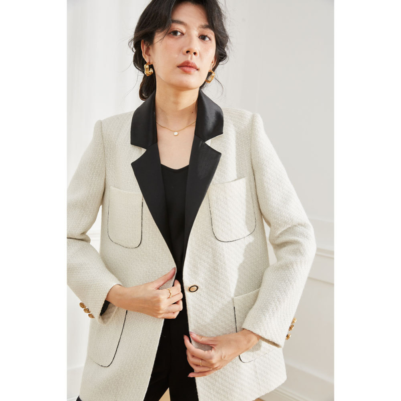 Палто от твид, смесено вълна и полиестер, солиден дизайн, костюмска яка, предно закопчаване с едно копче, дължина 50–65 см