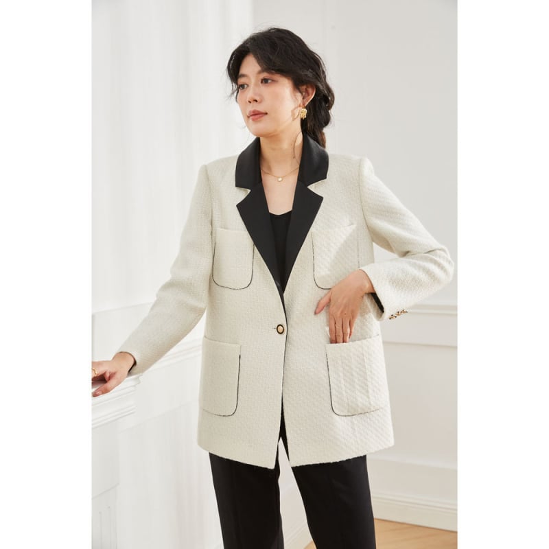 Палто от твид, смесено вълна и полиестер, солиден дизайн, костюмска яка, предно закопчаване с едно копче, дължина 50–65 см