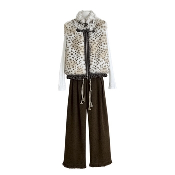 Двустранна жилетка от изкуствена козина с леопардов принт и флорален кант, висока яка, без ръкави, дължина 50–65 см