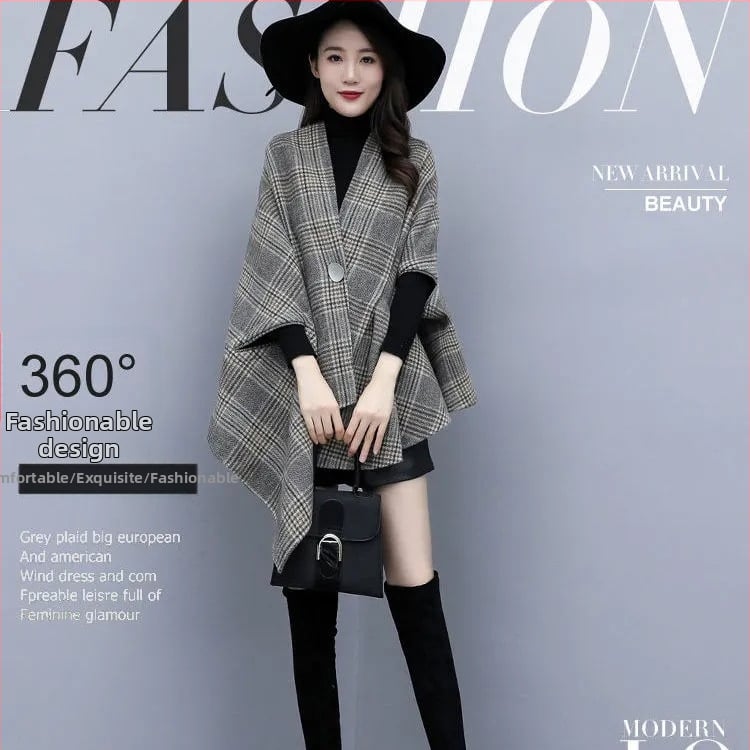 Дамско вълнено палто с каре, бат ръкав, 3/4 ръкави, еднокопково закопчаване