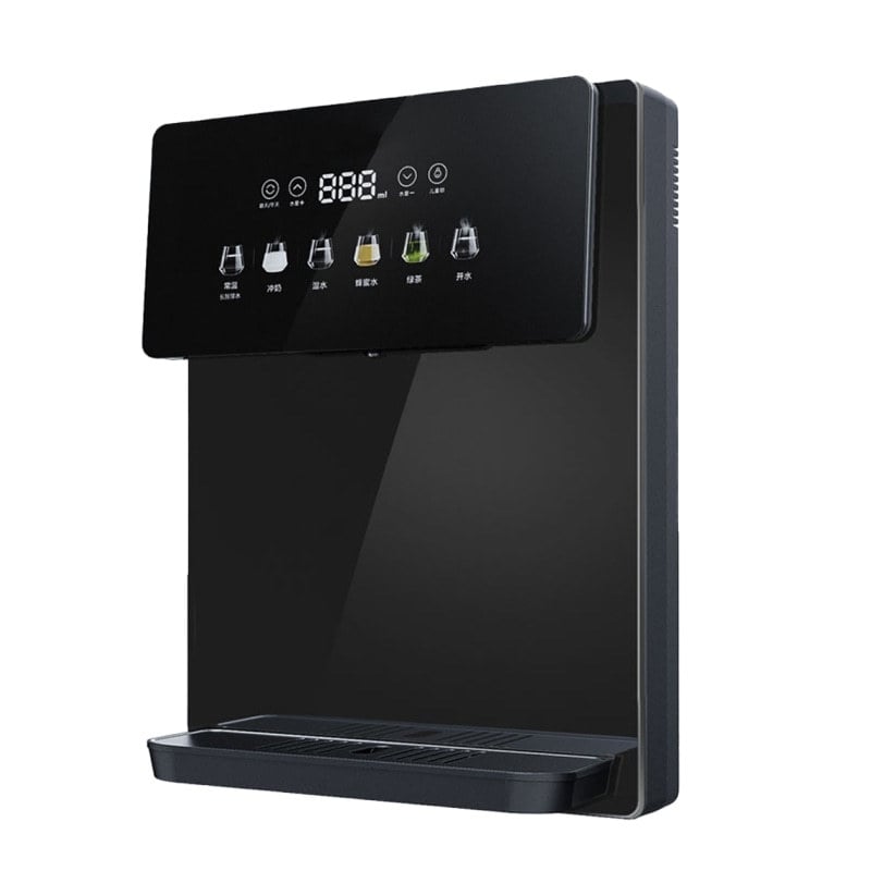 Диспензер за гореща и студена вода с двойно изходче, температурен диапазон 5–98°C, дневен капацитет 24 000, корпус от закалено стъкло