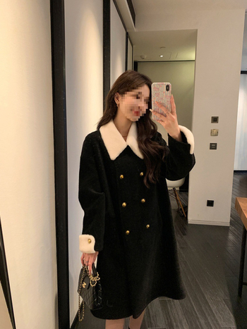 Дълго палто от вълна и пух, двойно закопчаване, ревери, реглан ръкави