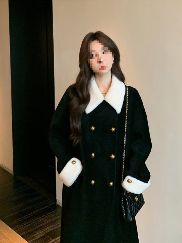 Дълго палто от вълна и пух, двойно закопчаване, ревери, реглан ръкави