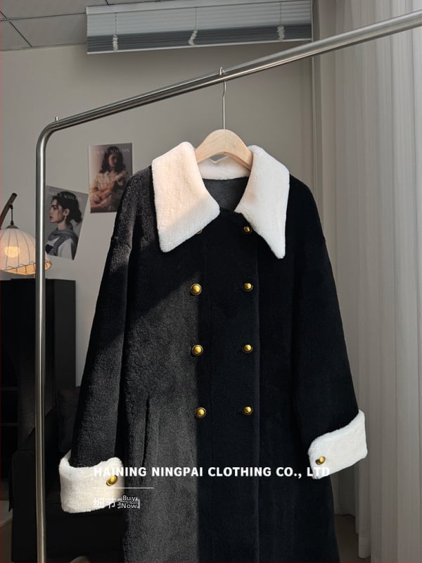 Дълго палто от вълна и пух, двойно закопчаване, ревери, реглан ръкави