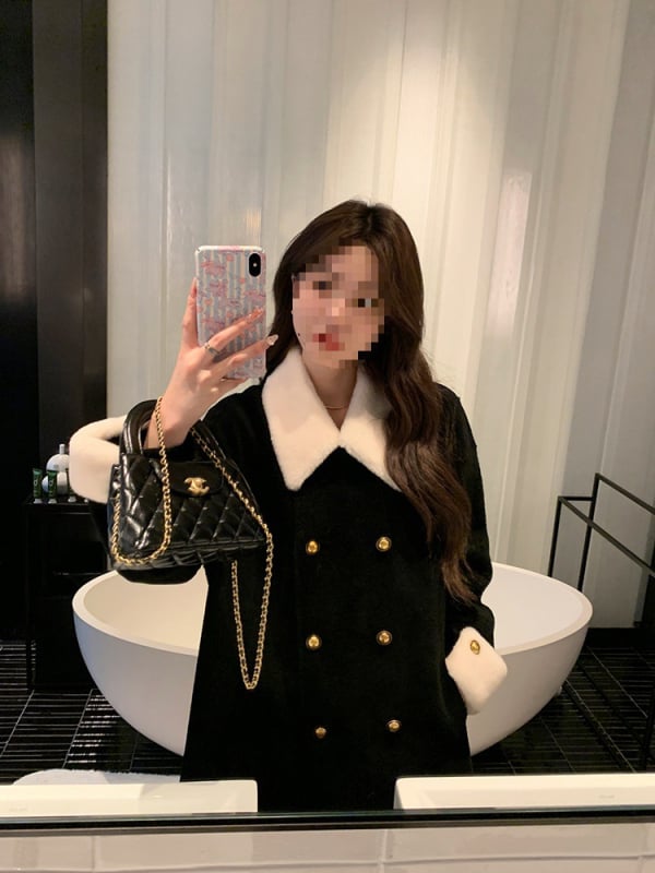 Дълго палто от вълна и пух, двойно закопчаване, ревери, реглан ръкави