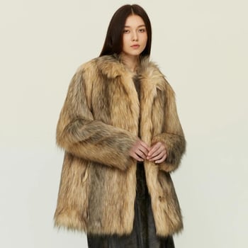 Палто от изкуствена козина, квадратна яка, дълги ръкави, средно-дълга дължина, Зима 2024