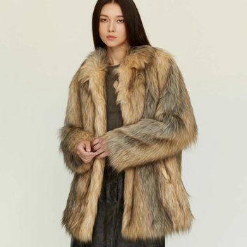 Палто от изкуствена козина, квадратна яка, дълги ръкави, средно-дълга дължина, Зима 2024