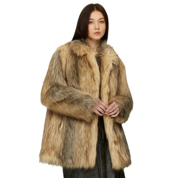 Палто от изкуствена козина, квадратна яка, дълги ръкави, средно-дълга дължина, Зима 2024