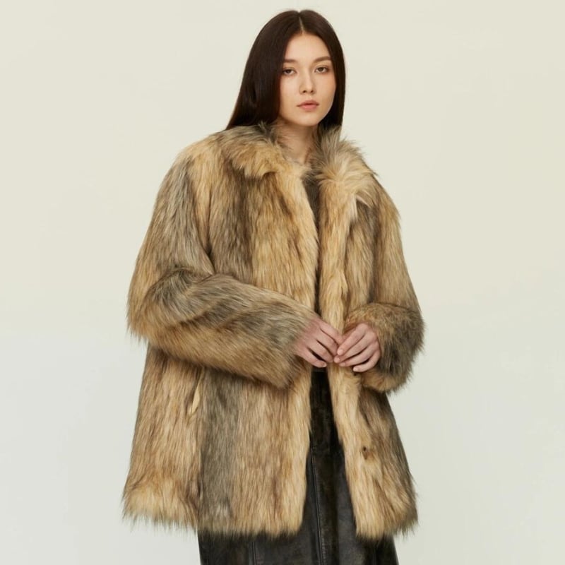 Палто от изкуствена козина, квадратна яка, дълги ръкави, средно-дълга дължина, Зима 2024