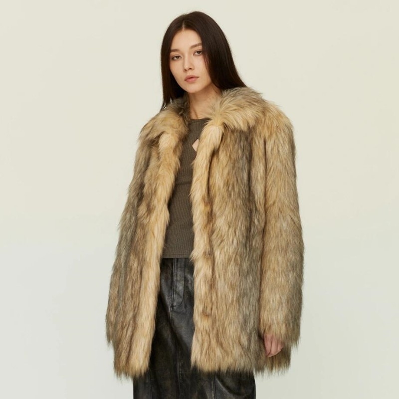 Палто от изкуствена козина, квадратна яка, дълги ръкави, средно-дълга дължина, Зима 2024