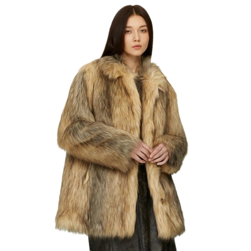 Палто от изкуствена козина, квадратна яка, дълги ръкави, средно-дълга дължина, Зима 2024