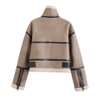 Дамско палто-яке от полиестер, обикновена дължина, дълги ръкави, ла-пел яка, цип закопчаване, колаж/шев, ретро стил, пролет 2024