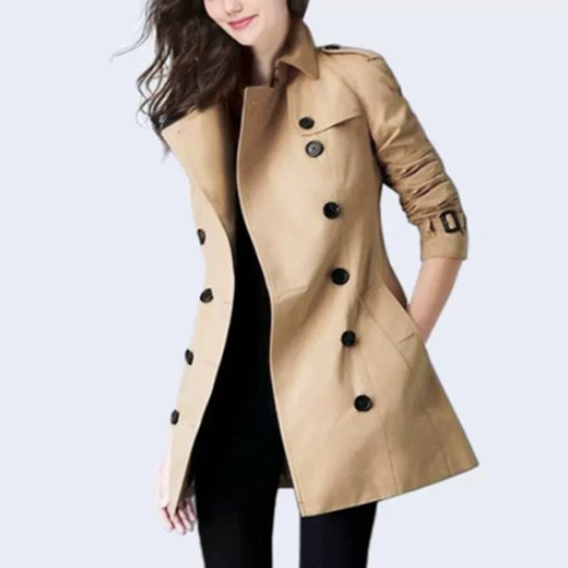 Дамска двуредна ветровка от полиестер, средна плътност, яка тип сако, дълги ръкави, стил градско ежедневие