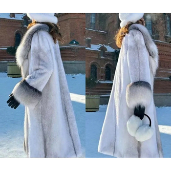 Дълго дамско палто от велур с яка от лисича козина, градски стил