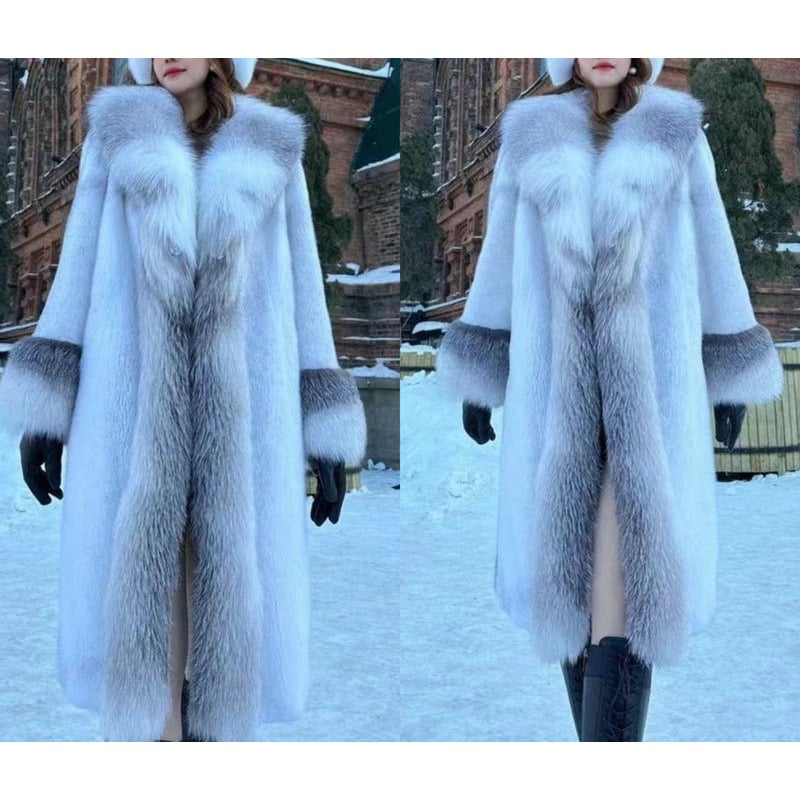 Дълго дамско палто от велур с яка от лисича козина, градски стил