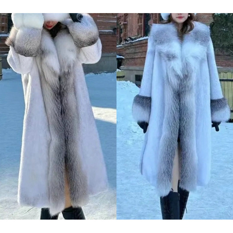Дълго дамско палто от велур с яка от лисича козина, градски стил