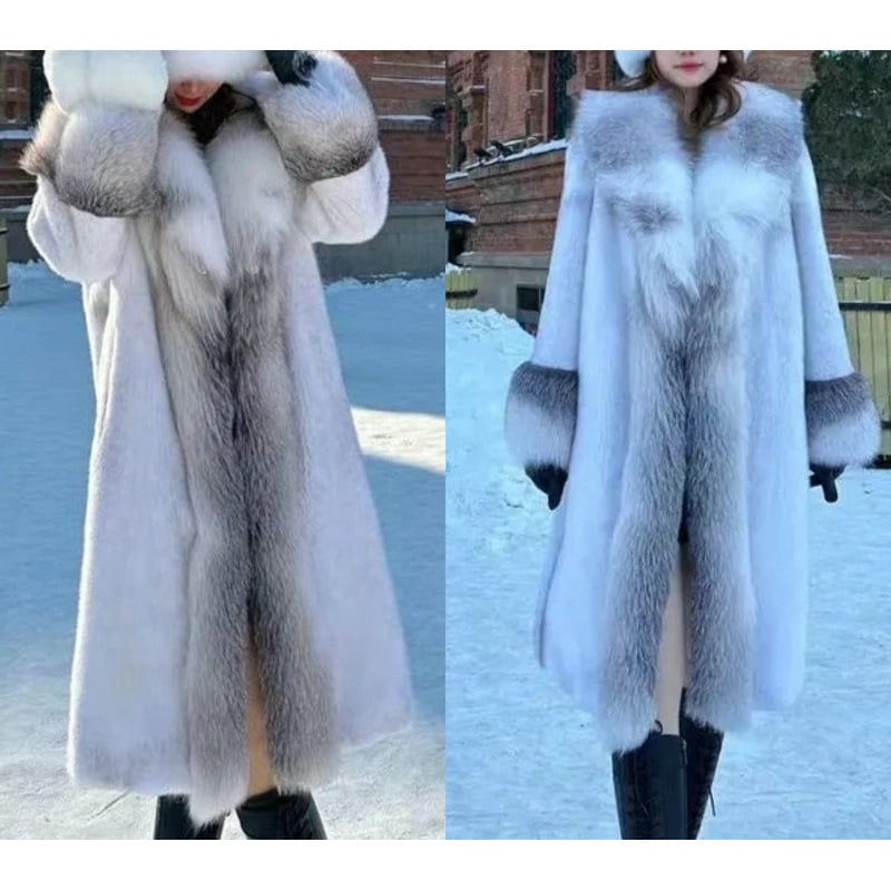 Дълго дамско палто от велур с яка от лисича козина, градски стил