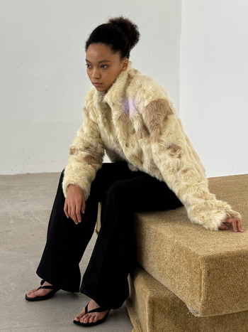 Дамско палто от изкуствен пух - уличен стил, Stand-up яка, дълги ръкави, къс модел, зима 2025