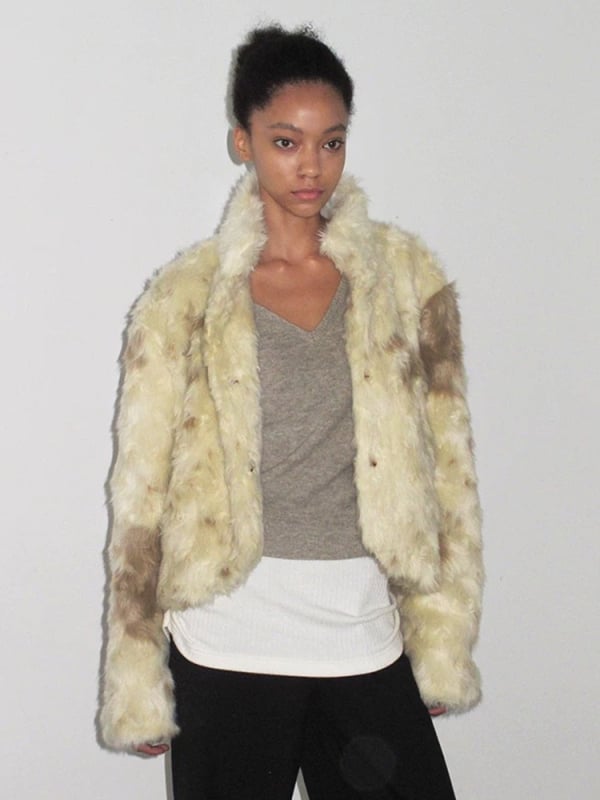 Дамско палто от изкуствен пух - уличен стил, Stand-up яка, дълги ръкави, къс модел, зима 2025