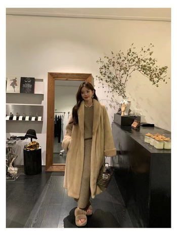 Палто от изкуствена лисица в корейски стил, дълго палто с V-образно деколте и дълги ръкави, велурова текстура